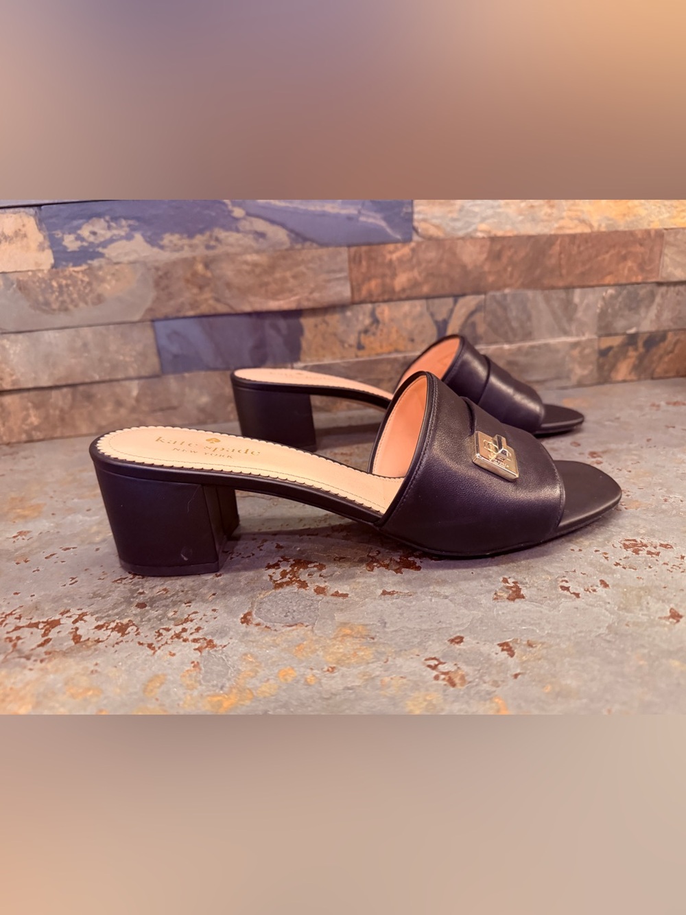 kate spade phoebe style size 10 Black Leather Block Heel Slide Sandals - Picture 12 of 15